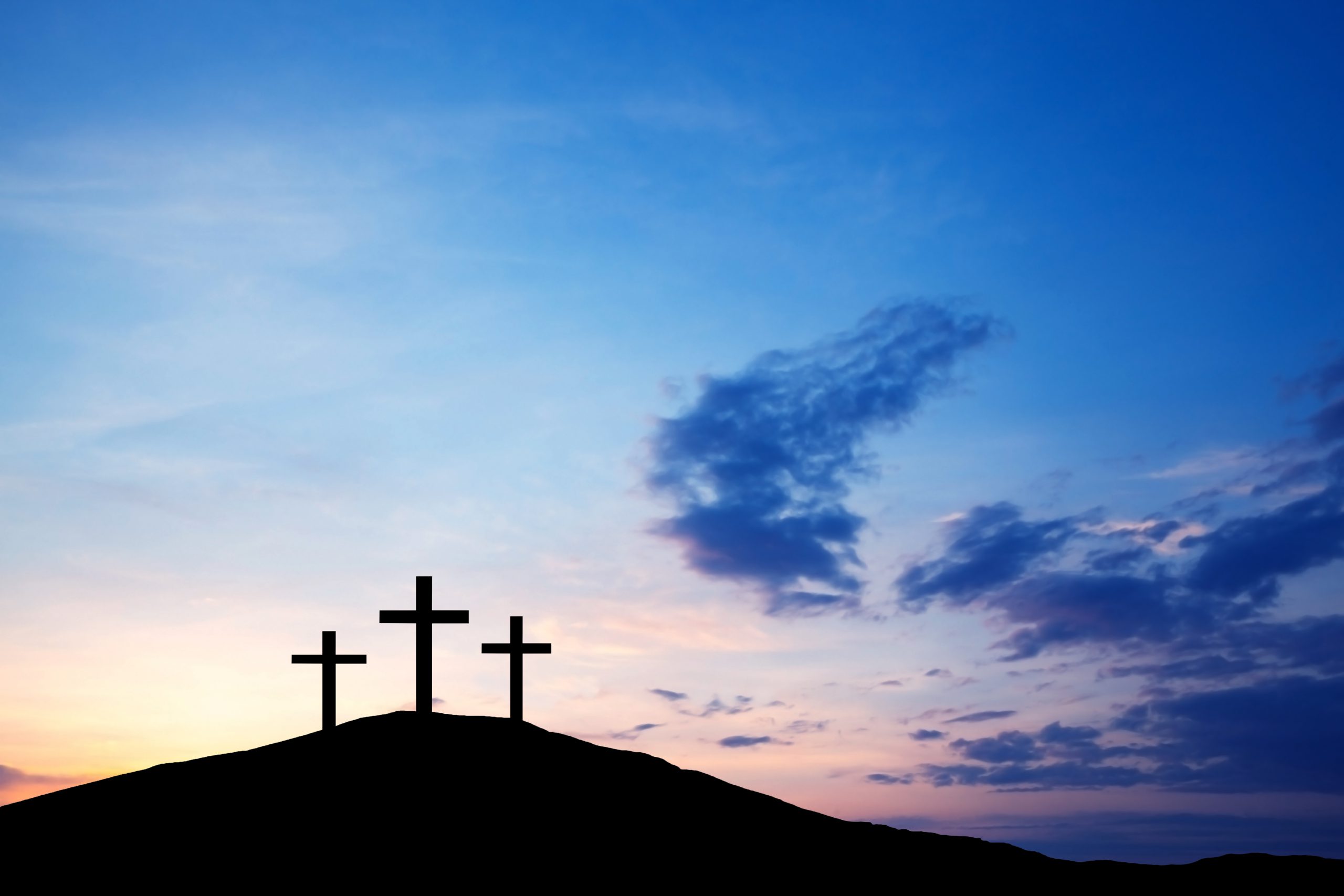 Three cross on the hill, Jesus Christ from the Bible. Easter, Religion. Salvation of sins, sacrifice Three cross on the hill, Jesus Christ from the Bible. Easter, Religion. Salvation of sins, sacrifice